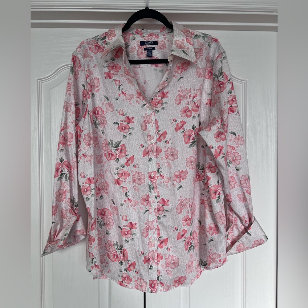 Chaps 1X No-Iron Floral Button Down Shirt 100% Cotton Lightweight